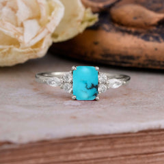 1 Carat 4 Prong Emerald Cut Turquoise Classic Side Stone Engagement Ring