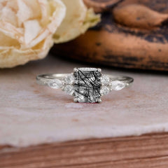 1 Carat 4 Prong Emerald Cut Black Rutilated Quartz Classic Side Stone Engagement Ring