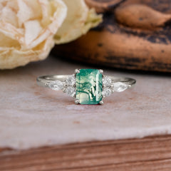 1 Carat Emerald Cut Moss Agate Classic Side Stone Engagement Ring