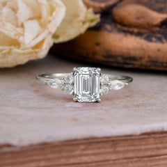 1 Carat 4 Prong Emerald Cut Lab Diamond Classic Side Stone Engagement Ring