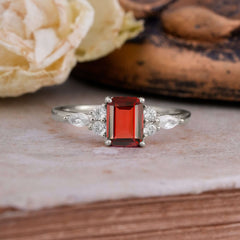 1 Carat 4 Prong Emerald Cut Garnet Classic Side Stone Engagement Ring