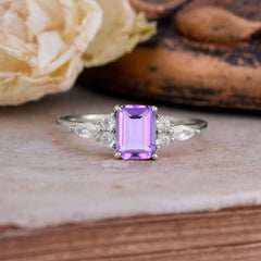 1 Carat 4 Prong Emerald Cut Amethyst Classic Side Stone Engagement Ring