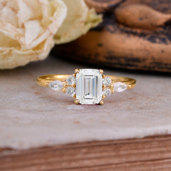 1 Carat Emerald Cut Moissanite Classic Side Stone Engagement Ring