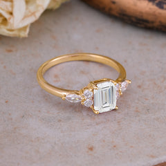 1 Carat Emerald Cut Moissanite Classic Side Stone Engagement Ring