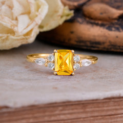 1 Carat Emerald Cut Citrine Classic Side Stone Engagement Ring