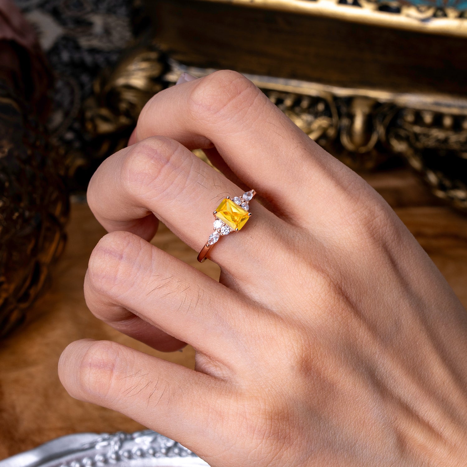 1 Carat Emerald Cut Citrine Classic Side Stone Engagement Ring
