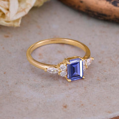 1 Carat 4 Prong Emerald Cut Tanzanite Classic Side Stone Engagement Ring