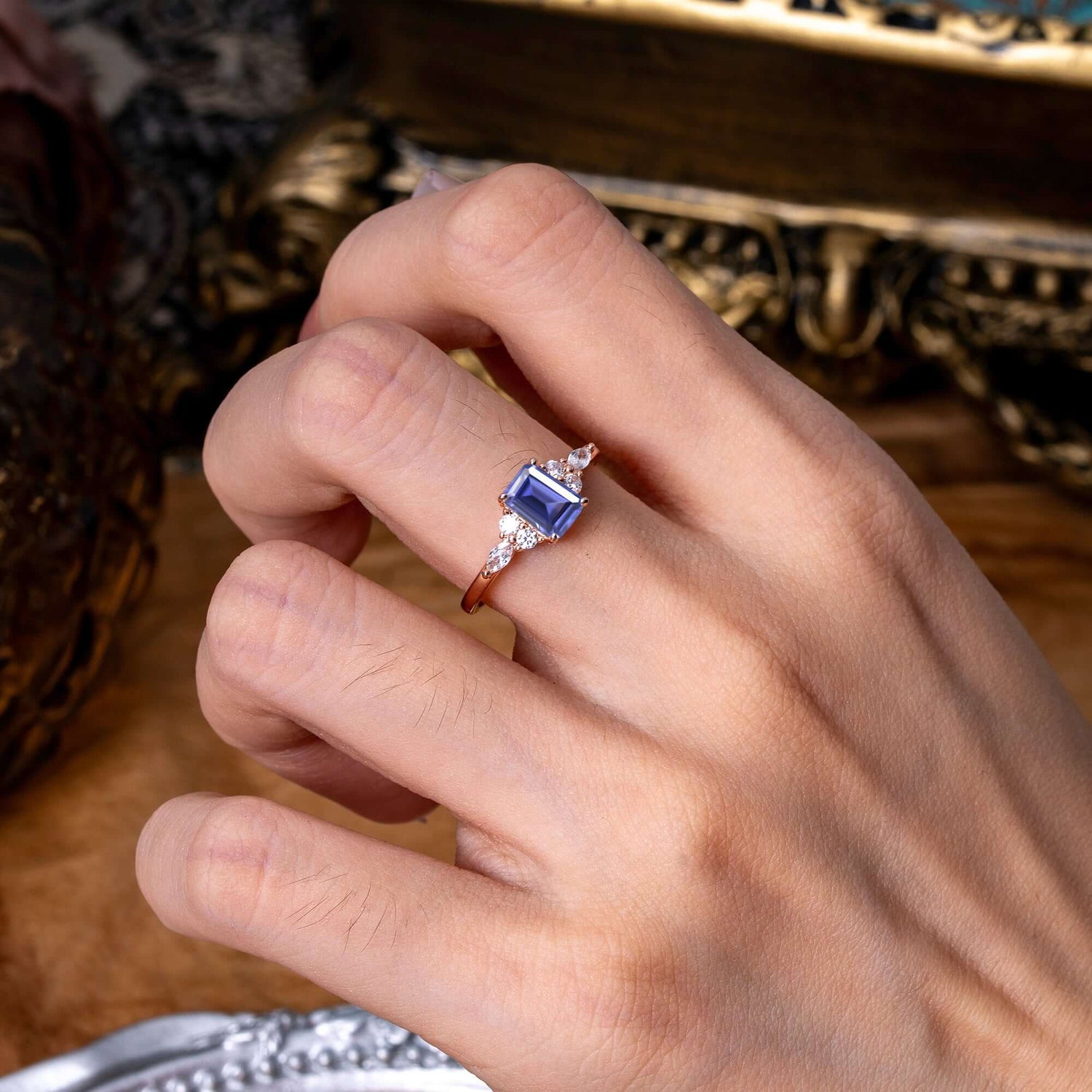 1 Carat 4 Prong Emerald Cut Tanzanite Classic Side Stone Engagement Ring