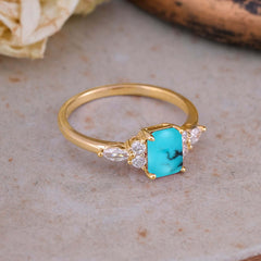 1 Carat 4 Prong Emerald Cut Turquoise Classic Side Stone Engagement Ring