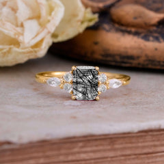 1 Carat 4 Prong Emerald Cut Black Rutilated Quartz Classic Side Stone Engagement Ring