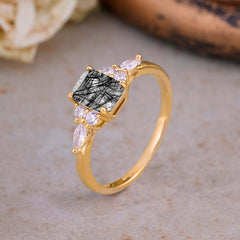 1 Carat 4 Prong Emerald Cut Black Rutilated Quartz Classic Side Stone Engagement Ring