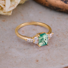 1 Carat Emerald Cut Moss Agate Classic Side Stone Engagement Ring