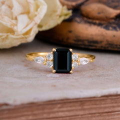 1 Carat 4 Prong Emerald Cut Black Onyx Classic Side Stone Engagement Ring