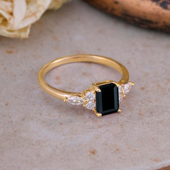 1 Carat 4 Prong Emerald Cut Black Onyx Classic Side Stone Engagement Ring