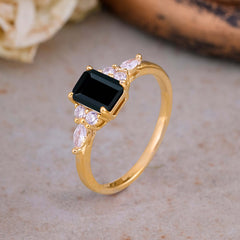 1 Carat 4 Prong Emerald Cut Black Onyx Classic Side Stone Engagement Ring