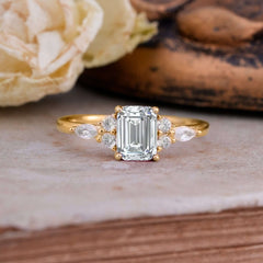 1 Carat 4 Prong Emerald Cut Lab Diamond Classic Side Stone Engagement Ring