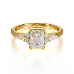 1 Carat Emerald Cut Moissanite Classic Side Stone Engagement Ring