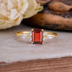 1 Carat 4 Prong Emerald Cut Garnet Classic Side Stone Engagement Ring