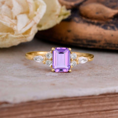 1 Carat 4 Prong Emerald Cut Amethyst Classic Side Stone Engagement Ring