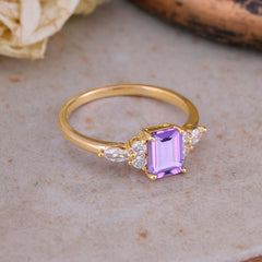 1 Carat 4 Prong Emerald Cut Amethyst Classic Side Stone Engagement Ring