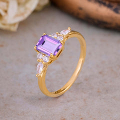 1 Carat 4 Prong Emerald Cut Amethyst Classic Side Stone Engagement Ring