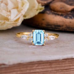 1 Carat 4 Prong Emerald Cut Aquamarine Classic Side Stone Engagement Ring
