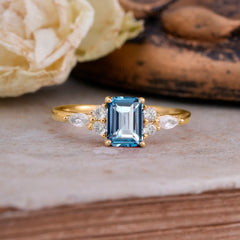 1 Carat 4 Prong Emerald Cut Aquamarine Classic Side Stone Engagement Ring