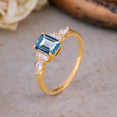 1 Carat 4 Prong Emerald Cut Aquamarine Classic Side Stone Engagement Ring