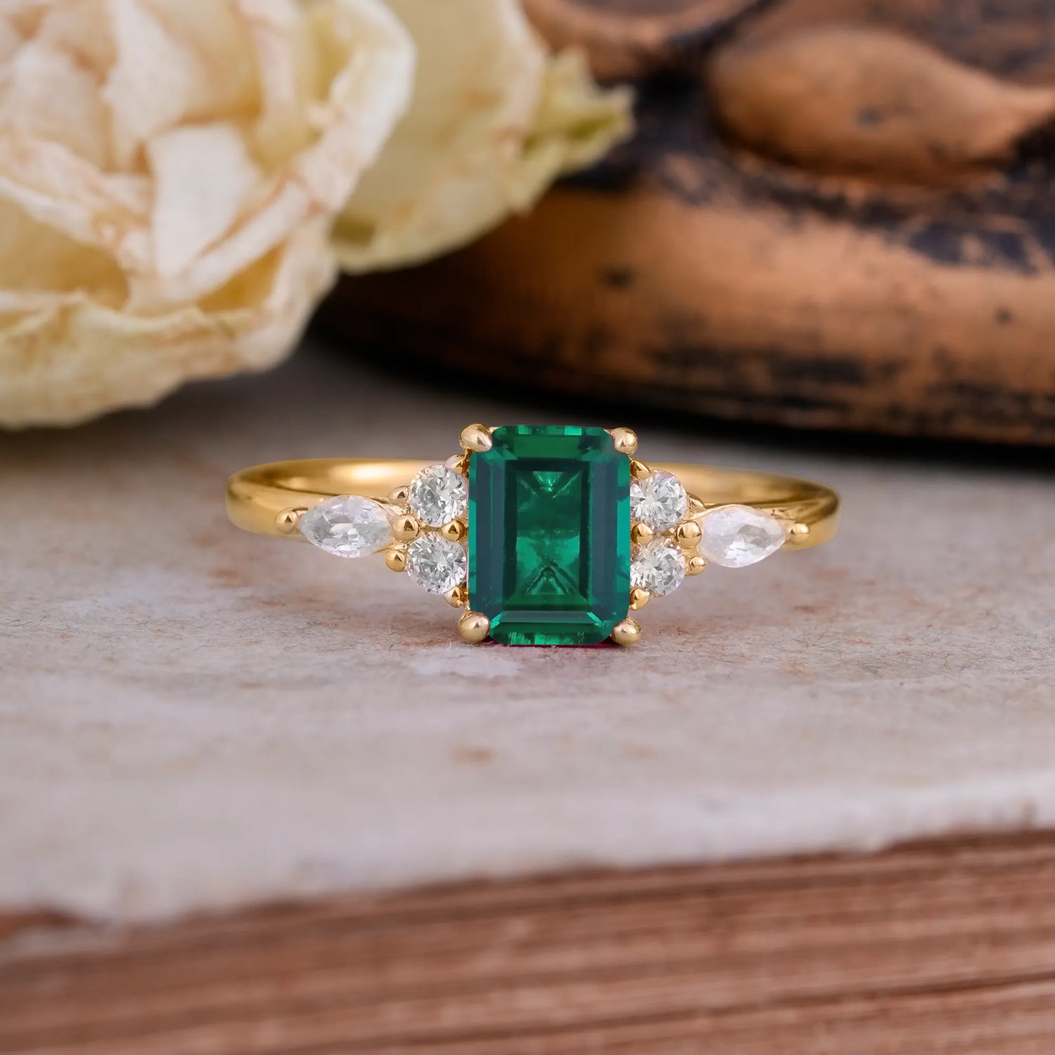 1 Carat 4 Prong Emerald Cut Emerald Classic Side Stone Engagement Ring