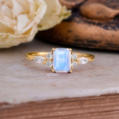 1 Carat 4 Prong Emerald Cut Moonstone Classic Side Stone Engagement Ring
