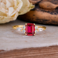 1 Carat Emerald Cut Ruby Classic Side Stone Engagement Ring
