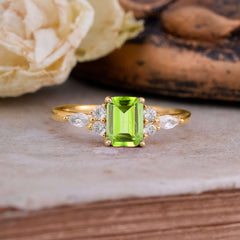 1 Carat 4 Prong Emerald Cut Peridot Classic Side Stone Engagement Ring