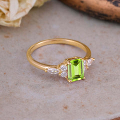 1 Carat 4 Prong Emerald Cut Peridot Classic Side Stone Engagement Ring