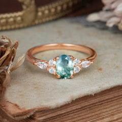 Oval Cut Moss Agate Classic Side Stone Engagement Ring