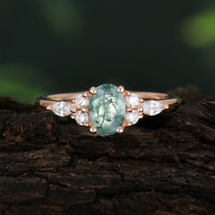 Oval Cut Moss Agate Classic Side Stone Engagement Ring