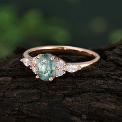 Oval Cut Moss Agate Classic Side Stone Engagement Ring