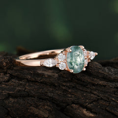 Oval Cut Moss Agate Classic Side Stone Engagement Ring