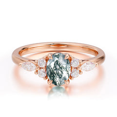 Oval Cut Moss Agate Classic Side Stone Engagement Ring