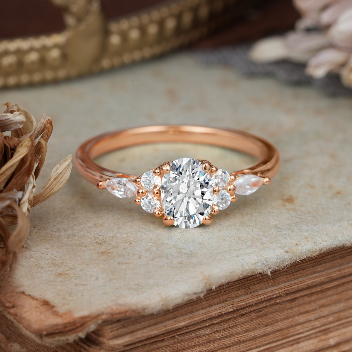 Oval Cut 4 Prong Lab Diamond Classic Side Stone Engagement Ring - Romalar Jewelry