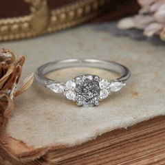 Oval Cut 4 Prong Black Rutilated Quartz Classic Side Stone Engagement Ring
