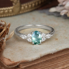 Oval Cut Moss Agate Classic Side Stone Engagement Ring