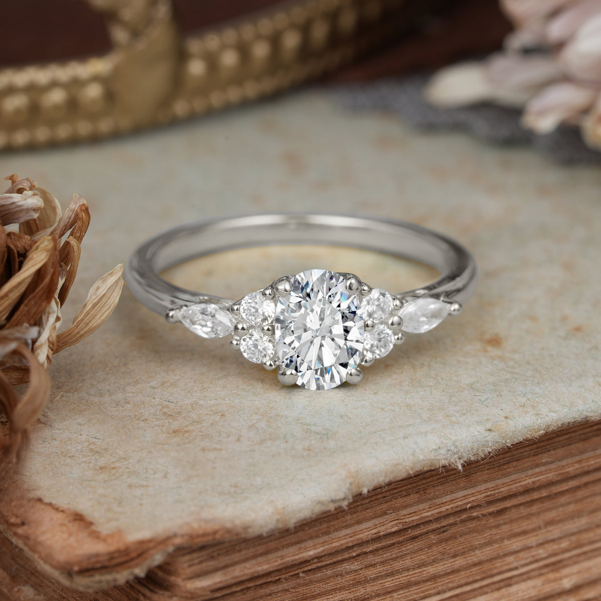 Oval Cut 4 Prong Lab Diamond Classic Side Stone Engagement Ring - Romalar Jewelry