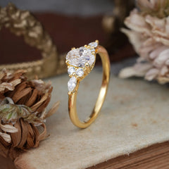 Oval Cut 4 Prong Moissanite Classic Side Stone Engagement Ring