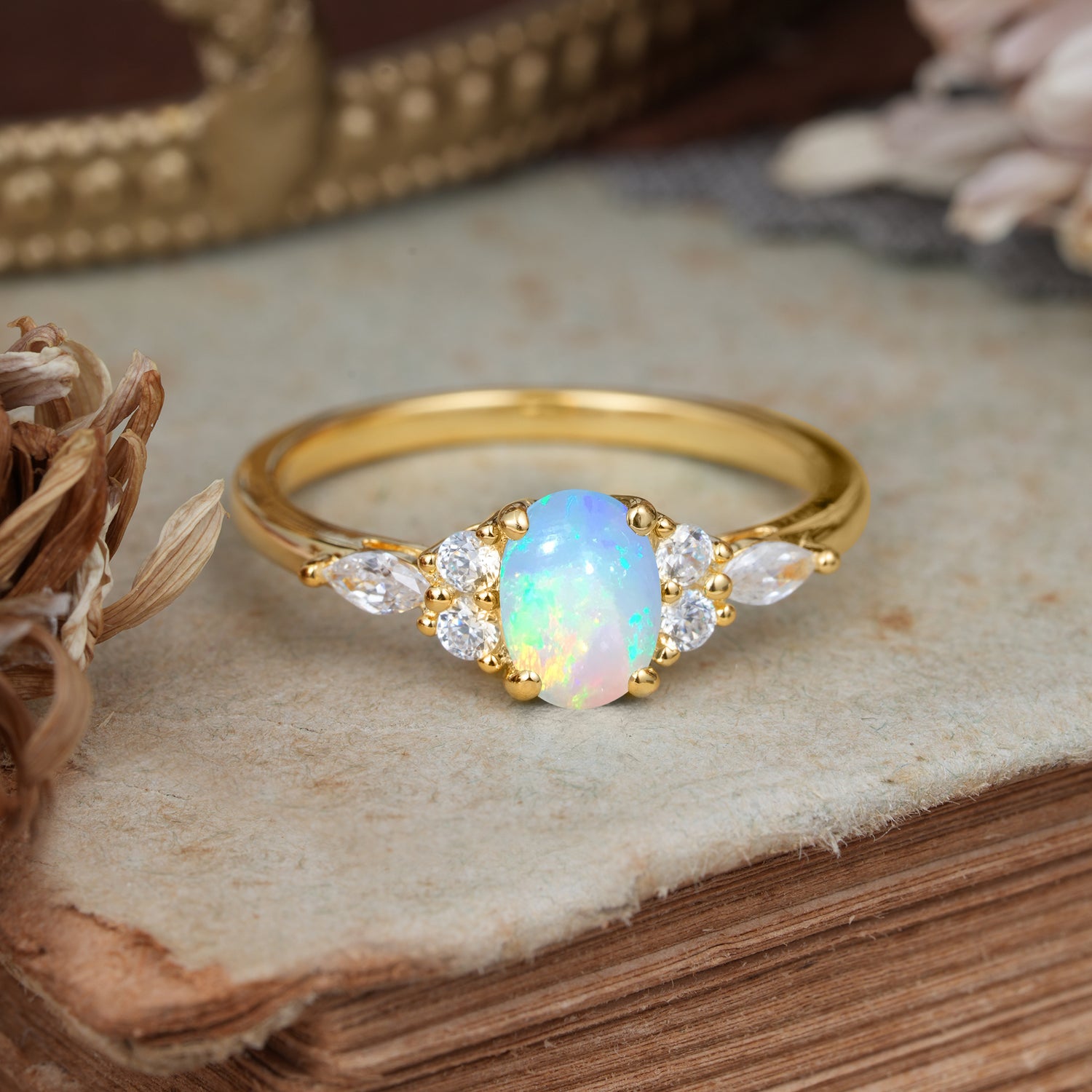 Oval Cut Opal Classic Side Stone Engagement Ring