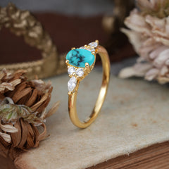 Oval Cut 4 Prong Turquoise Classic Side Stone Engagement Ring