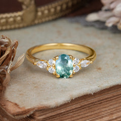 Oval Cut Moss Agate Classic Side Stone Engagement Ring