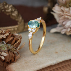 Oval Cut Moss Agate Classic Side Stone Engagement Ring