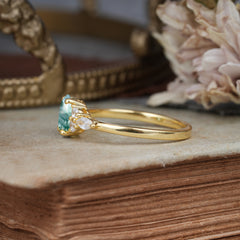 Oval Cut Moss Agate Classic Side Stone Engagement Ring