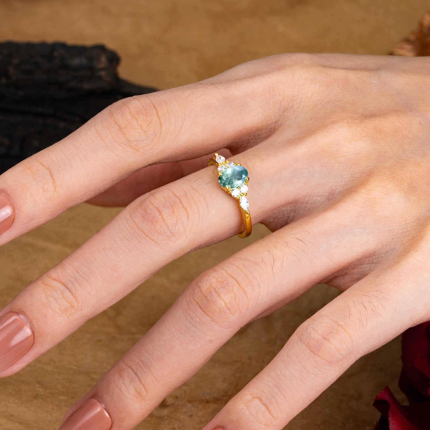 Oval Cut Moss Agate Classic Side Stone Engagement Ring