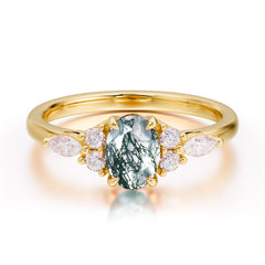 Oval Cut Moss Agate Classic Side Stone Engagement Ring